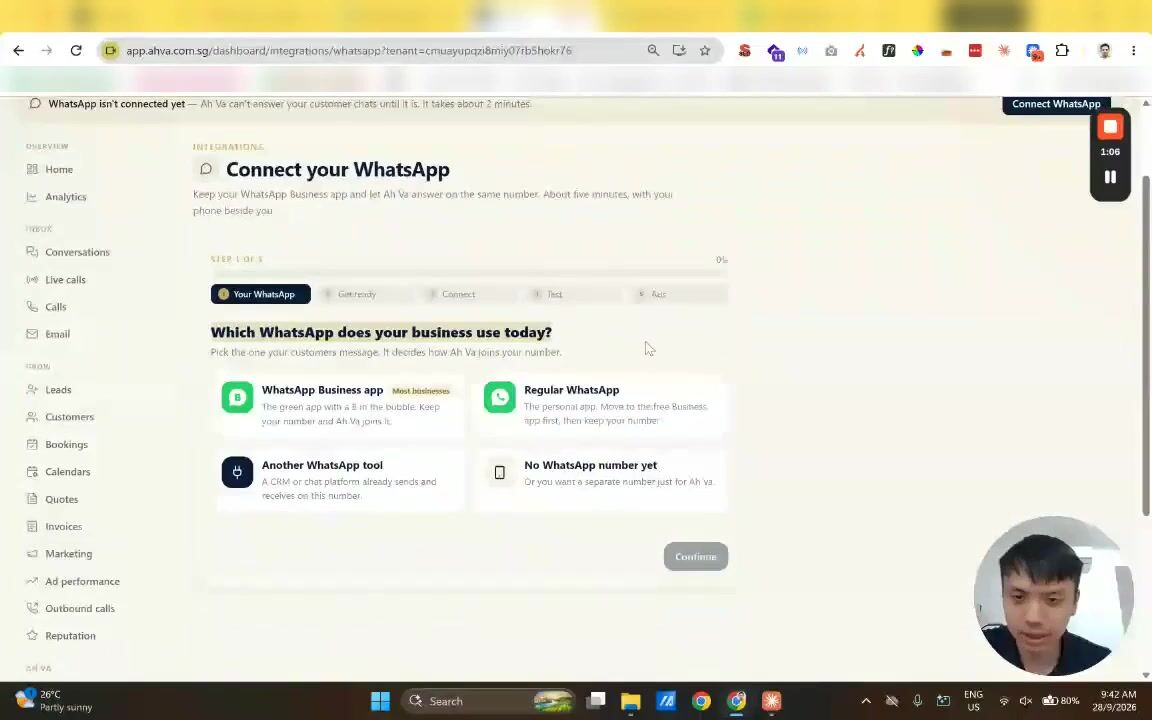 Video walkthrough: connecting a WhatsApp Business app number to Ah Va